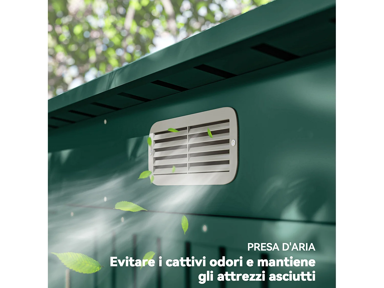 Capanno porta attrezzi con 2 prese d'aria e chiavistello verde