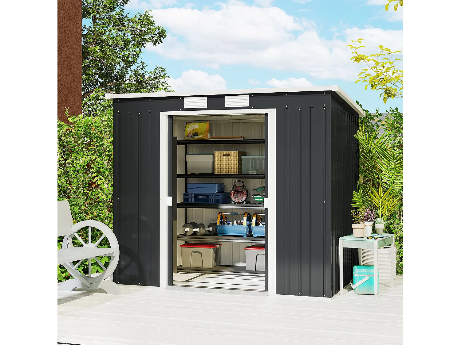 Capanno attrezzi in acciaio zincato con tetto inclinato grigio scuro