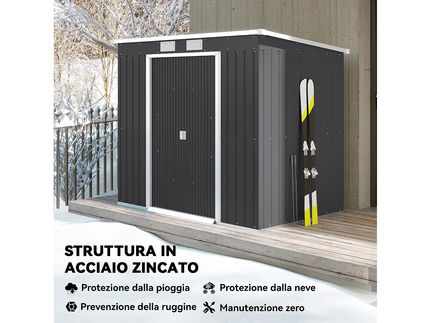 Capanno attrezzi in acciaio zincato con tetto inclinato grigio scuro