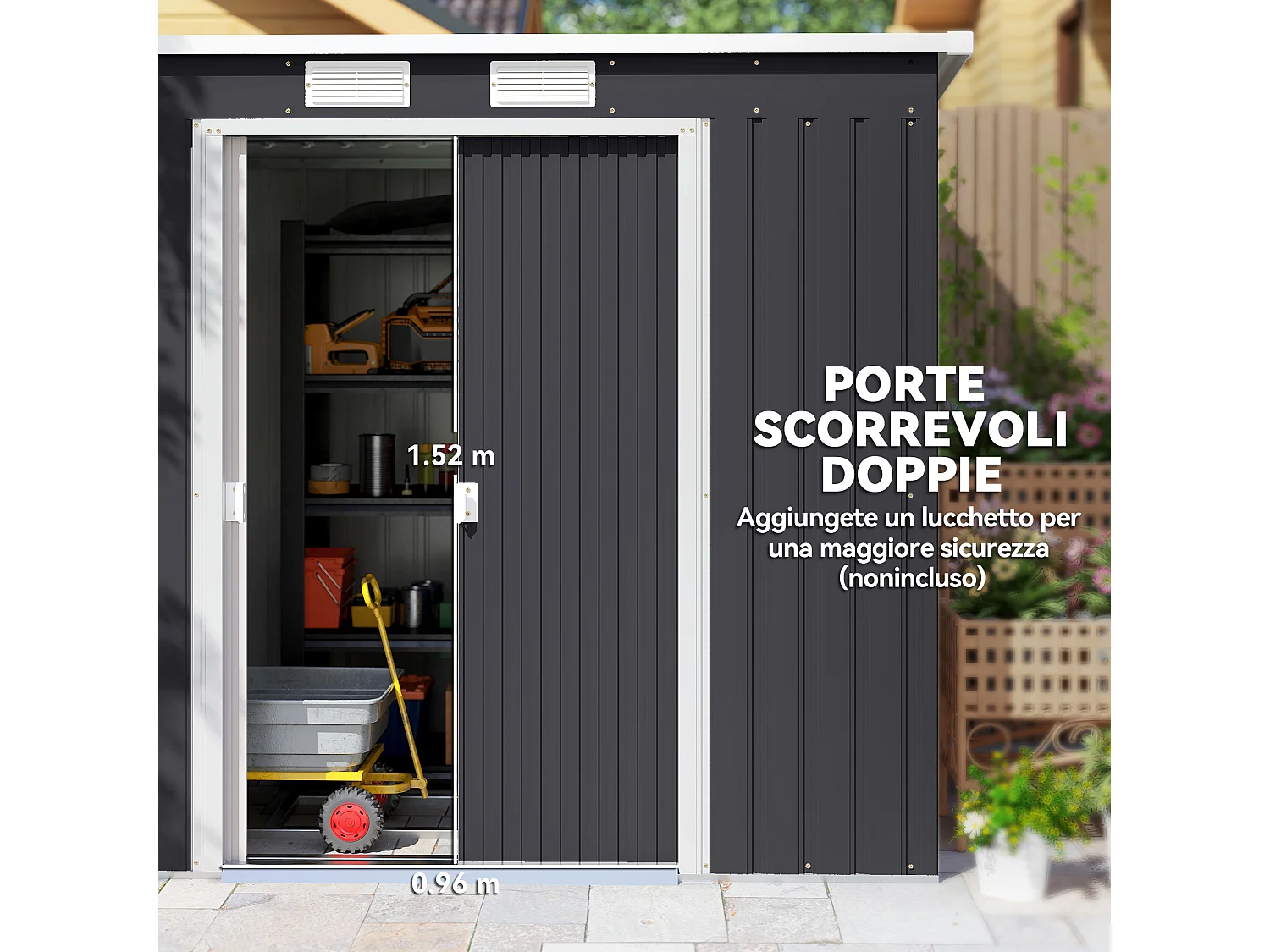 Capanno attrezzi in acciaio zincato con tetto inclinato grigio scuro