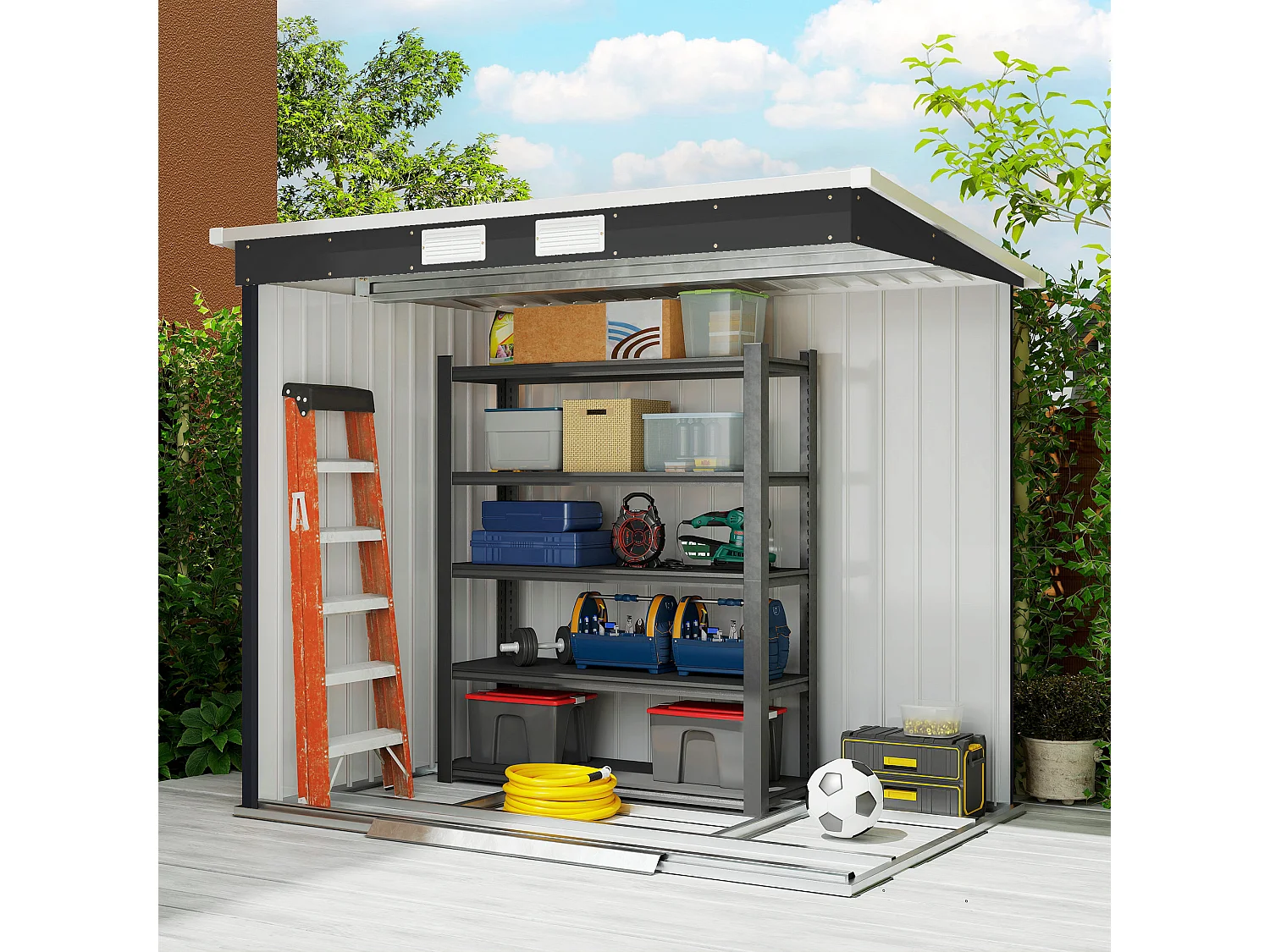 Capanno attrezzi in acciaio zincato con tetto inclinato grigio scuro