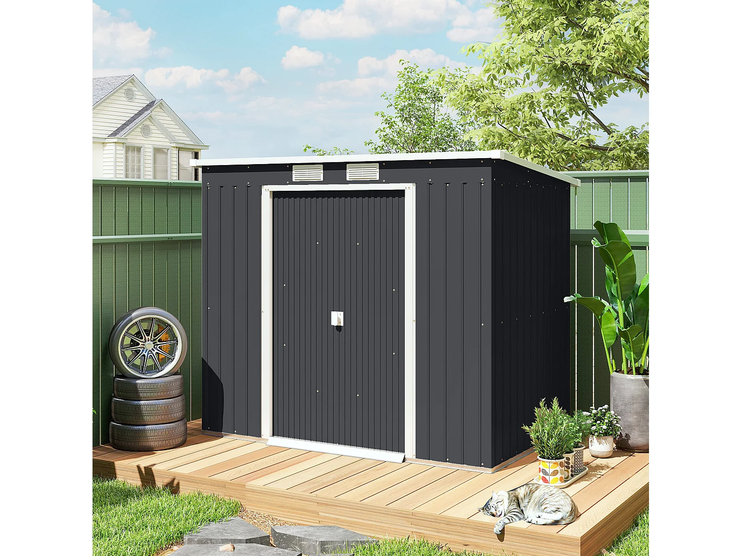 Capanno attrezzi in acciaio zincato con tetto inclinato grigio scuro