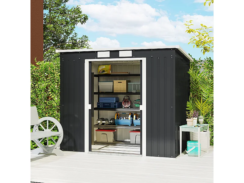 Capanno attrezzi in acciaio zincato con tetto inclinato grigio scuro