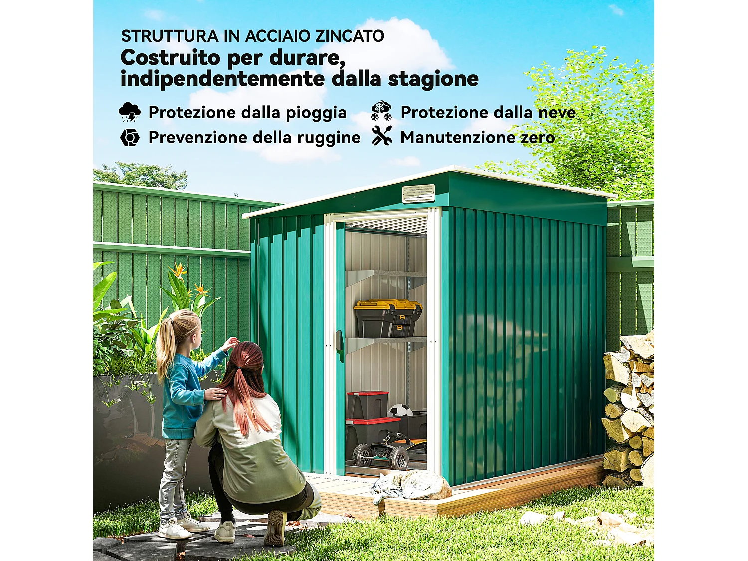 Casetta porta attrezzi in metallo con porta scorrevole verde