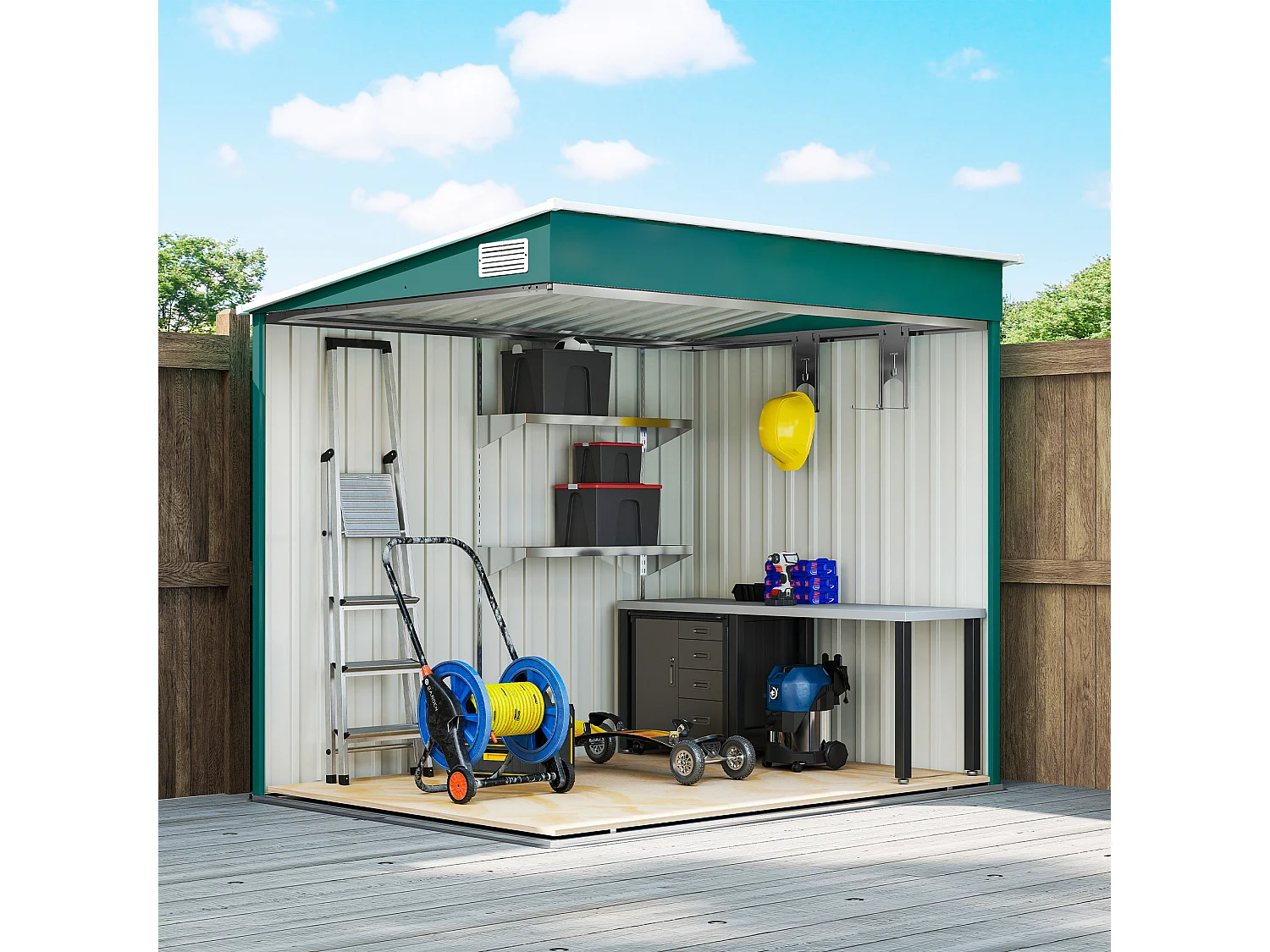 Casetta porta attrezzi in metallo con porta scorrevole verde