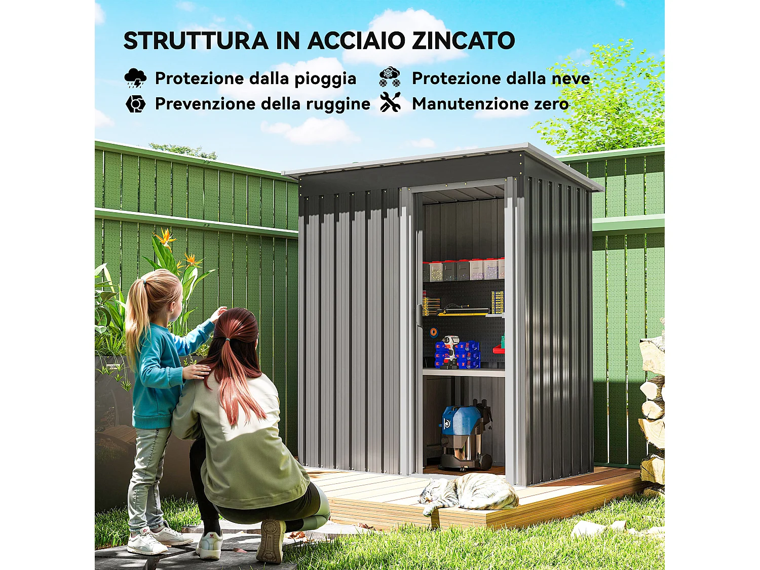 Capanno attrezzi con tetto inclinato in acciaio e pp grigio chiaro