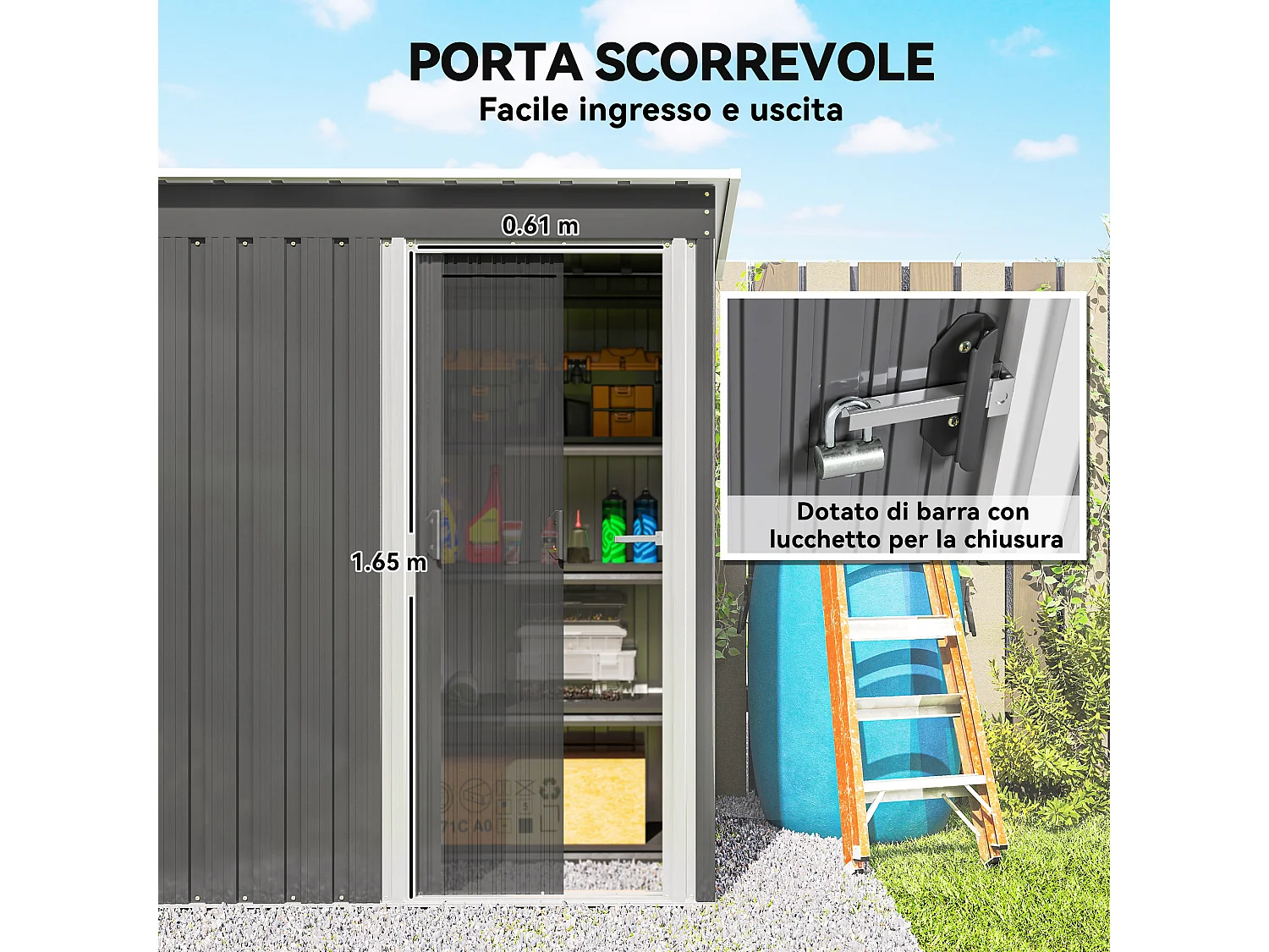 Capanno attrezzi con tetto inclinato in acciaio e pp grigio chiaro