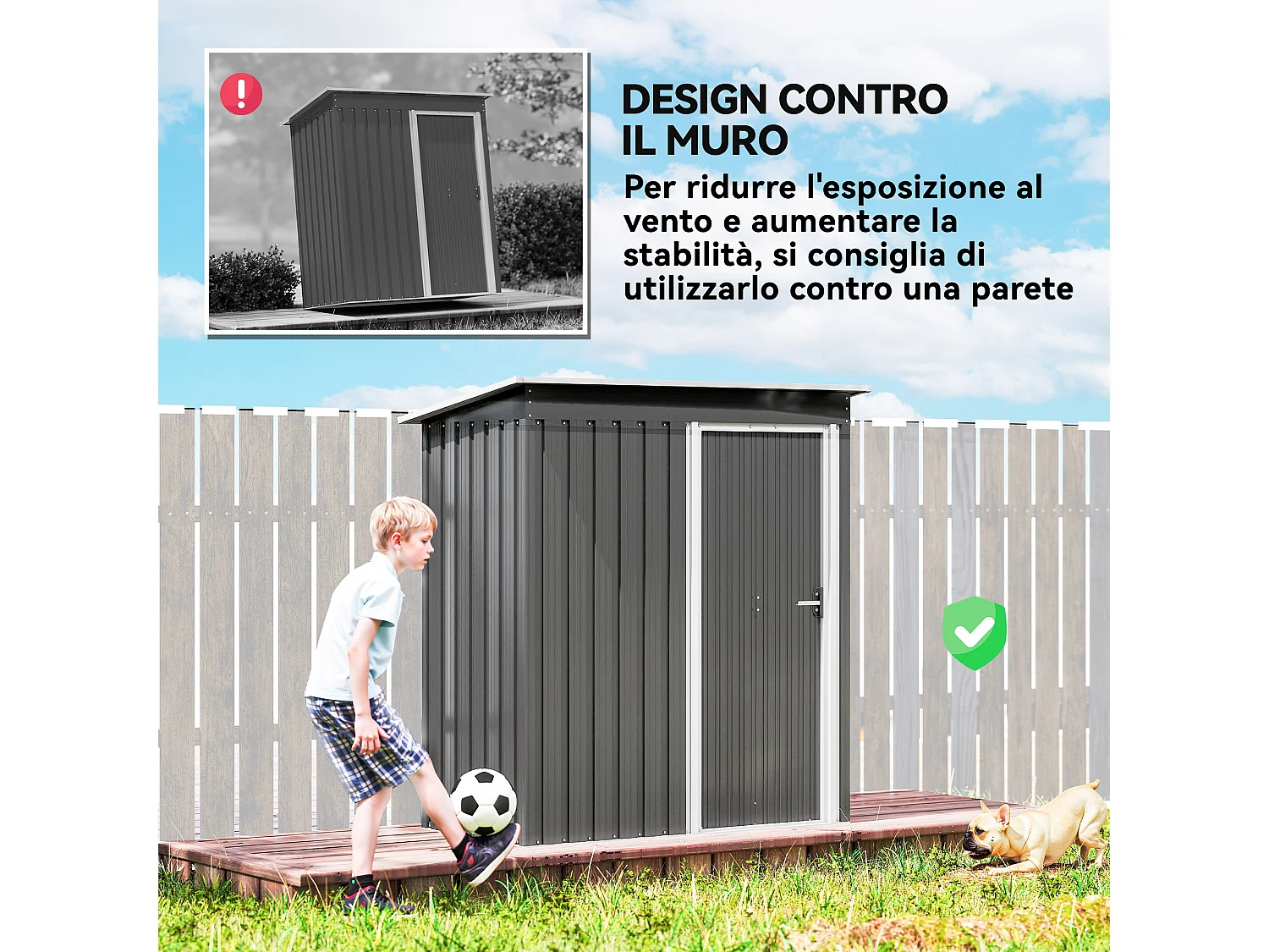 Capanno attrezzi con tetto inclinato in acciaio e pp grigio chiaro