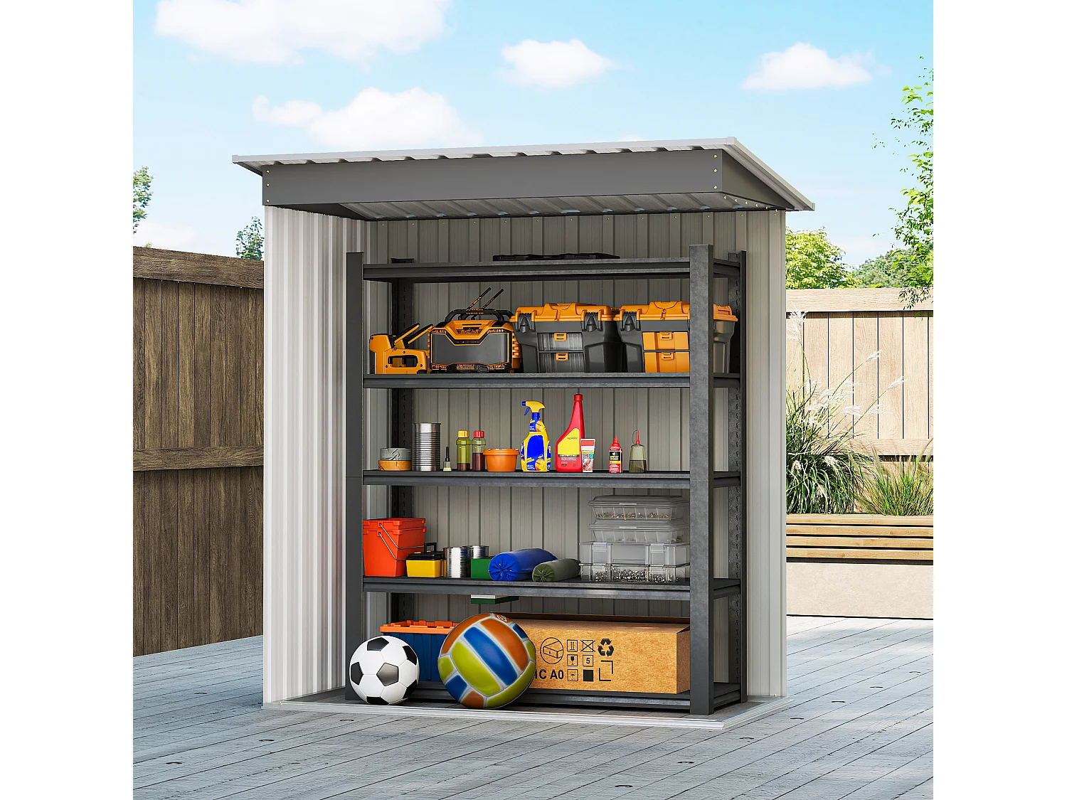 Capanno attrezzi con tetto inclinato in acciaio e pp grigio chiaro