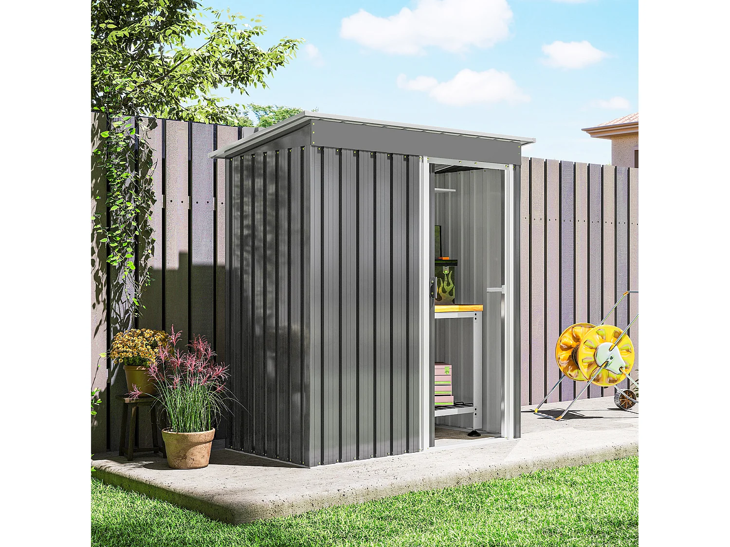 Capanno attrezzi con tetto inclinato in acciaio e pp grigio chiaro