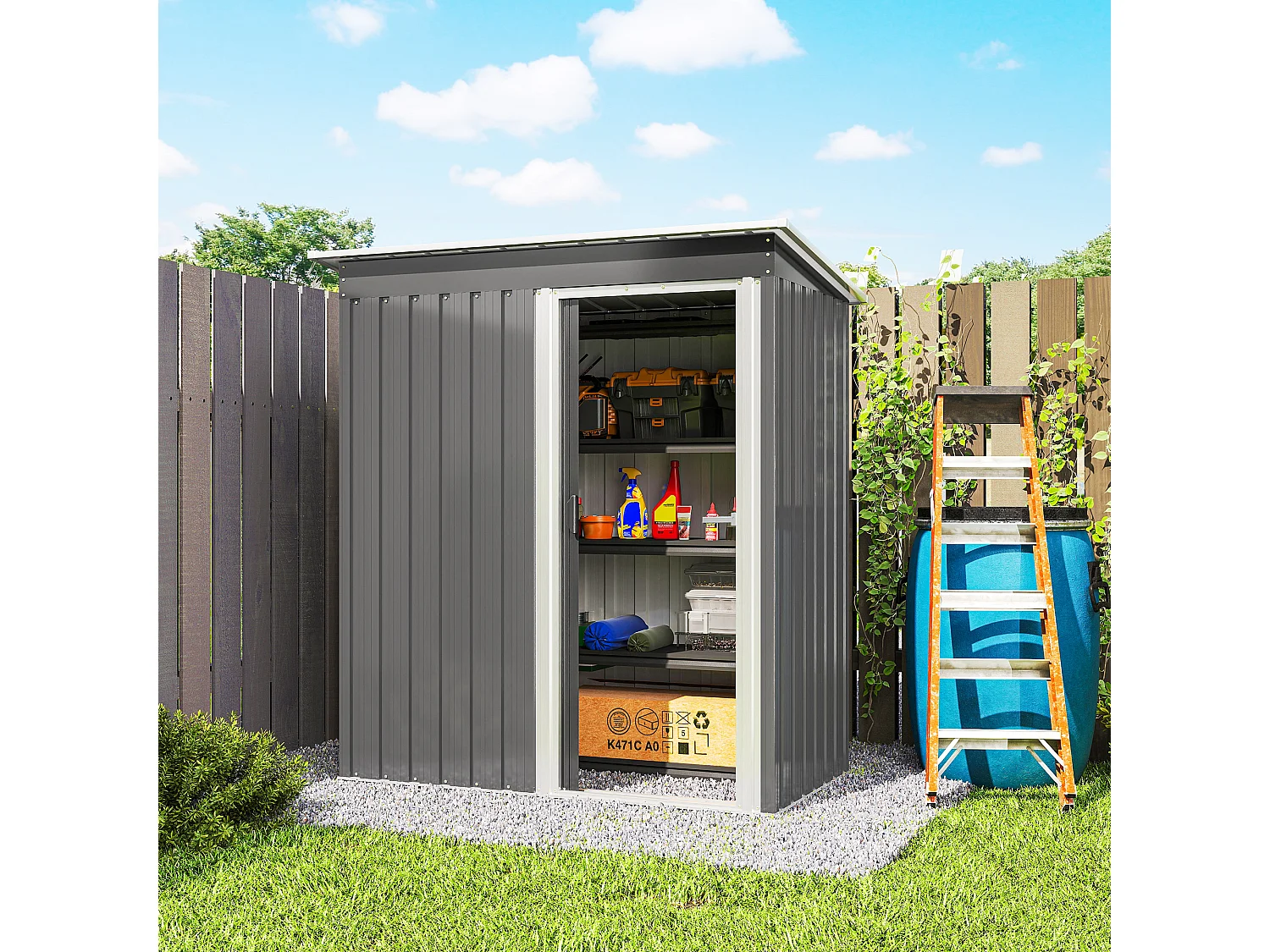 Capanno attrezzi con tetto inclinato in acciaio e pp grigio chiaro