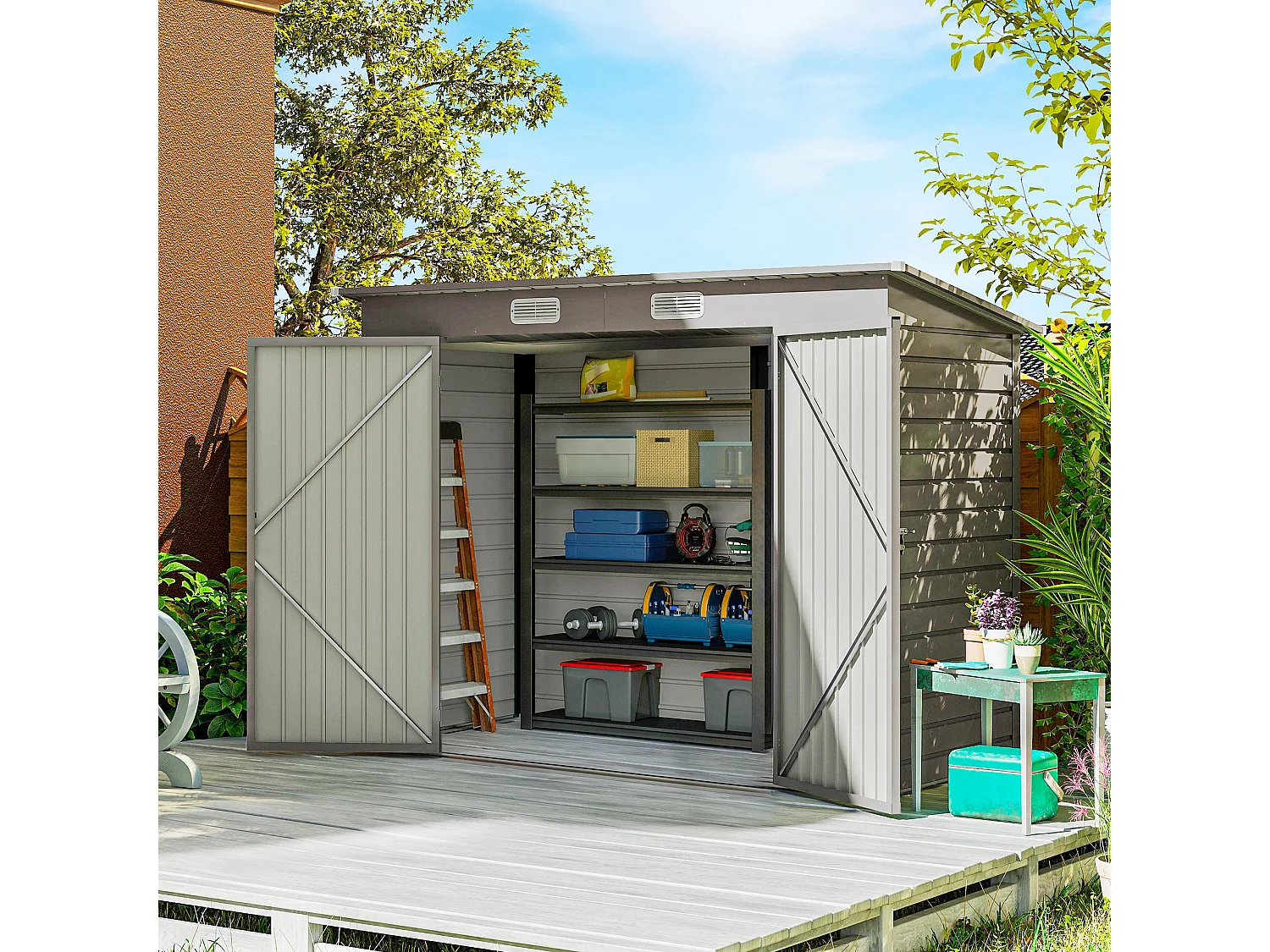 Capanno porta attrezzi con 2 prese d'aria e chiavistello grigio chiaro