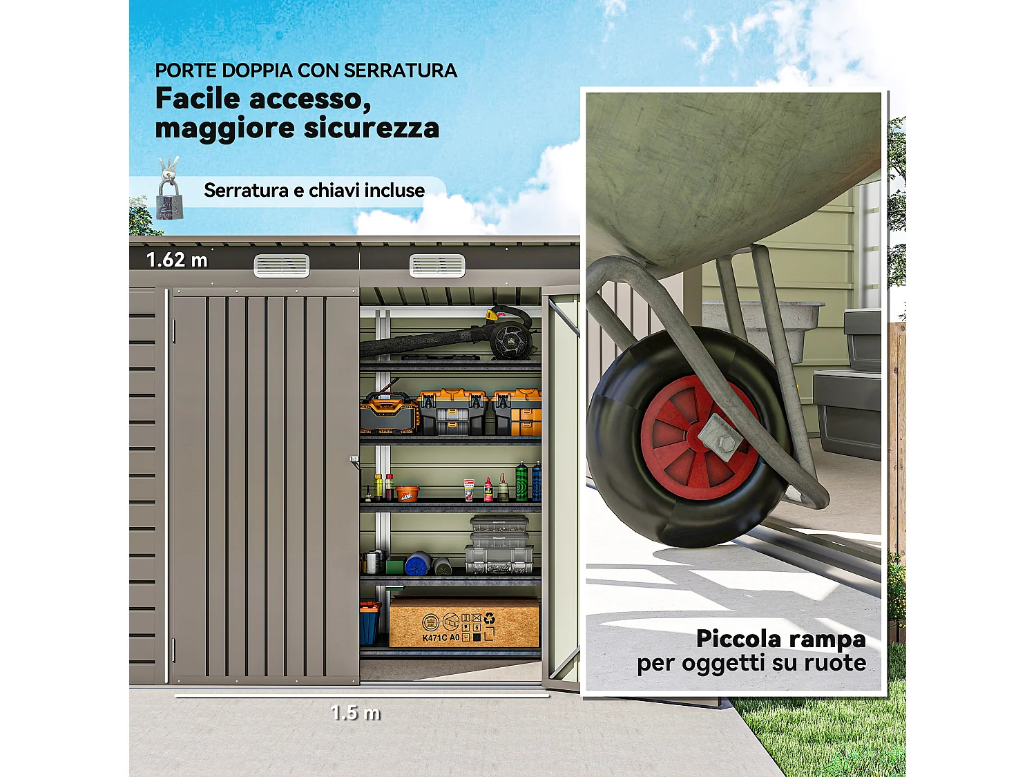 Capanno porta attrezzi con 2 prese d'aria e chiavistello grigio chiaro