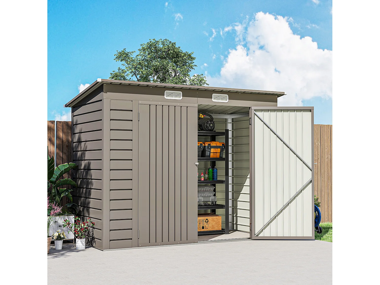 Capanno porta attrezzi con 2 prese d'aria e chiavistello grigio chiaro