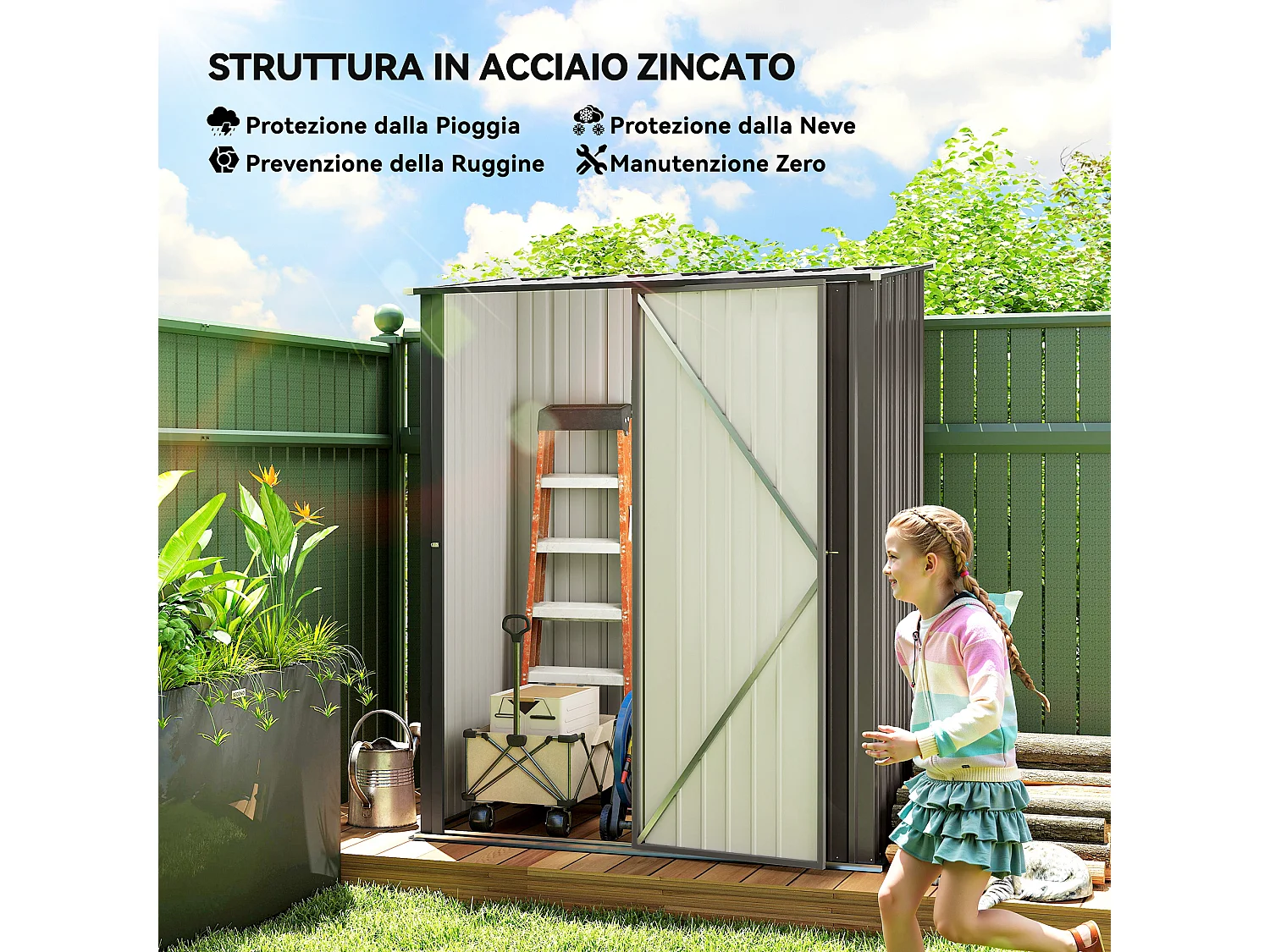 Casetta da giardino per attrezzi in acciaio grigio chiaro