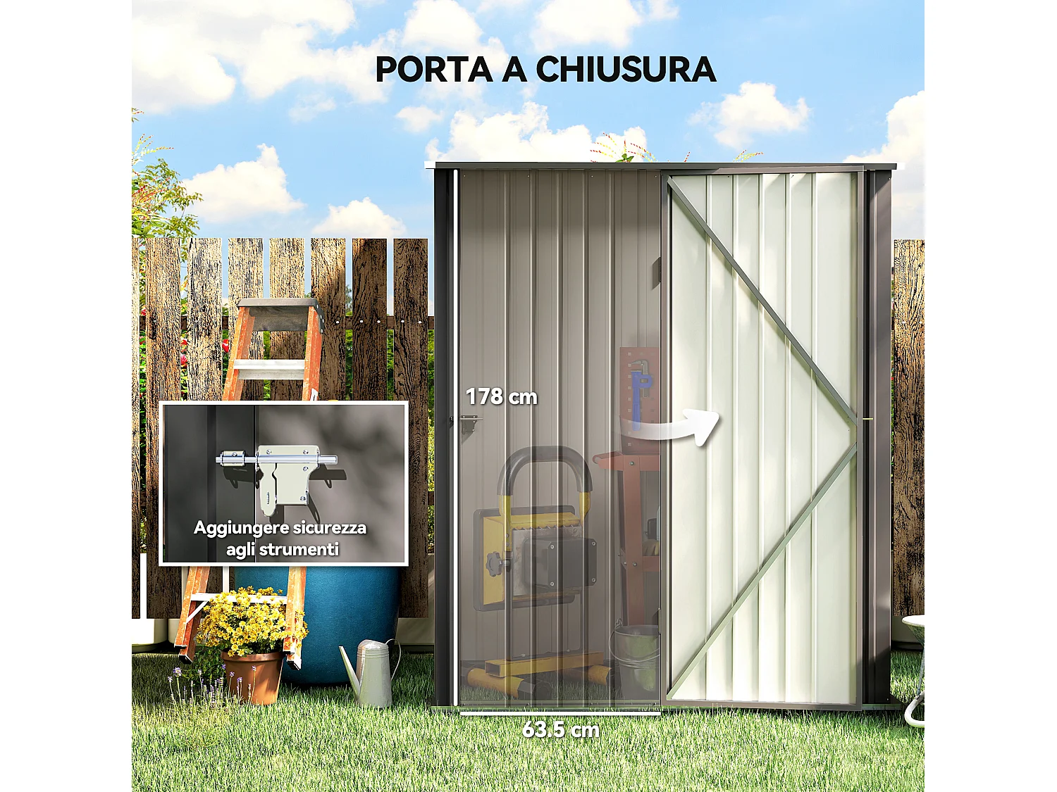 Casetta da giardino per attrezzi in acciaio grigio chiaro