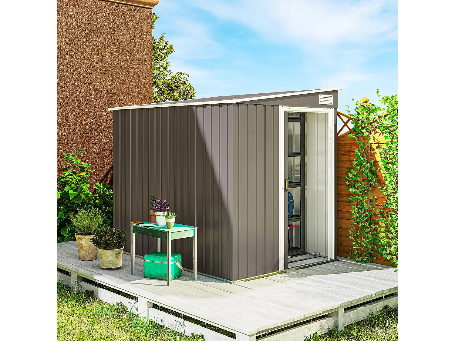 Casetta porta attrezzi in metallo con porta scorrevole grigio chiaro