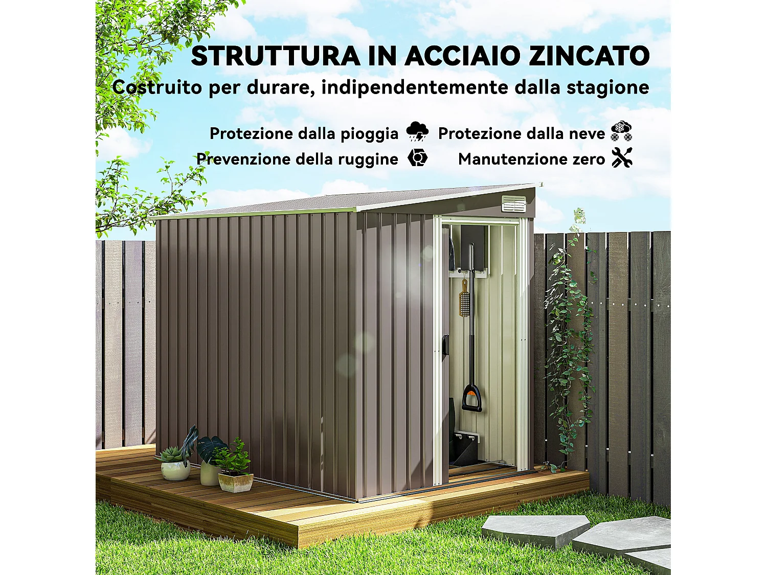 Casetta porta attrezzi in metallo con porta scorrevole grigio chiaro