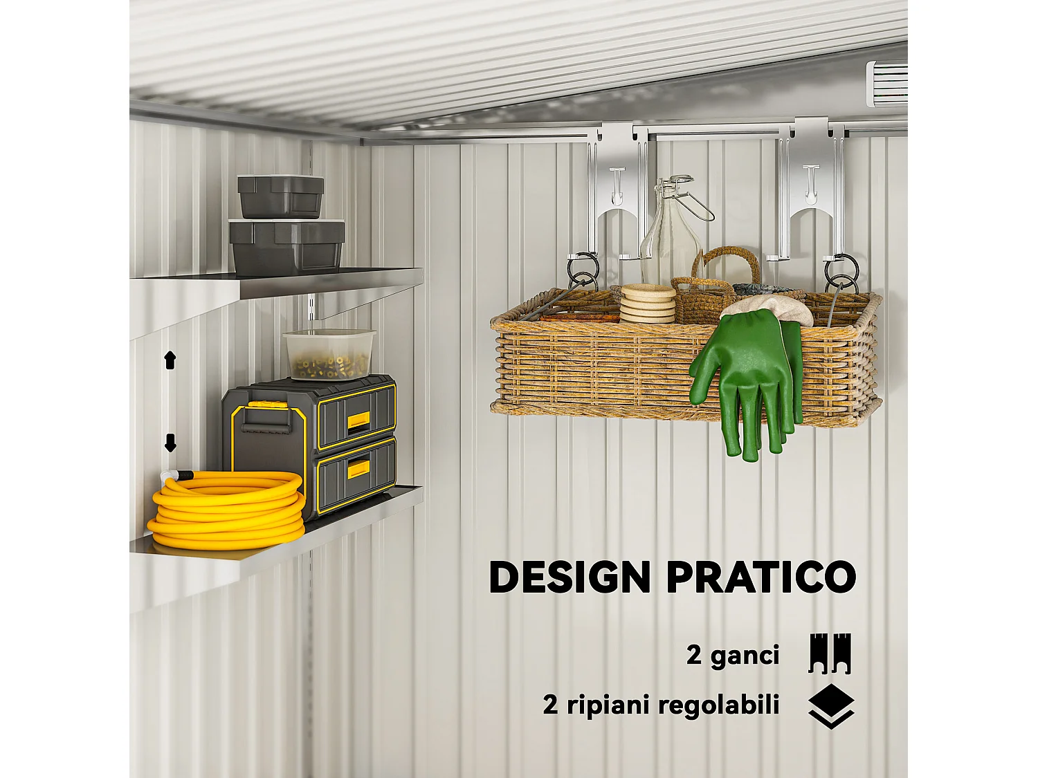 Casetta porta attrezzi in metallo con porta scorrevole grigio chiaro