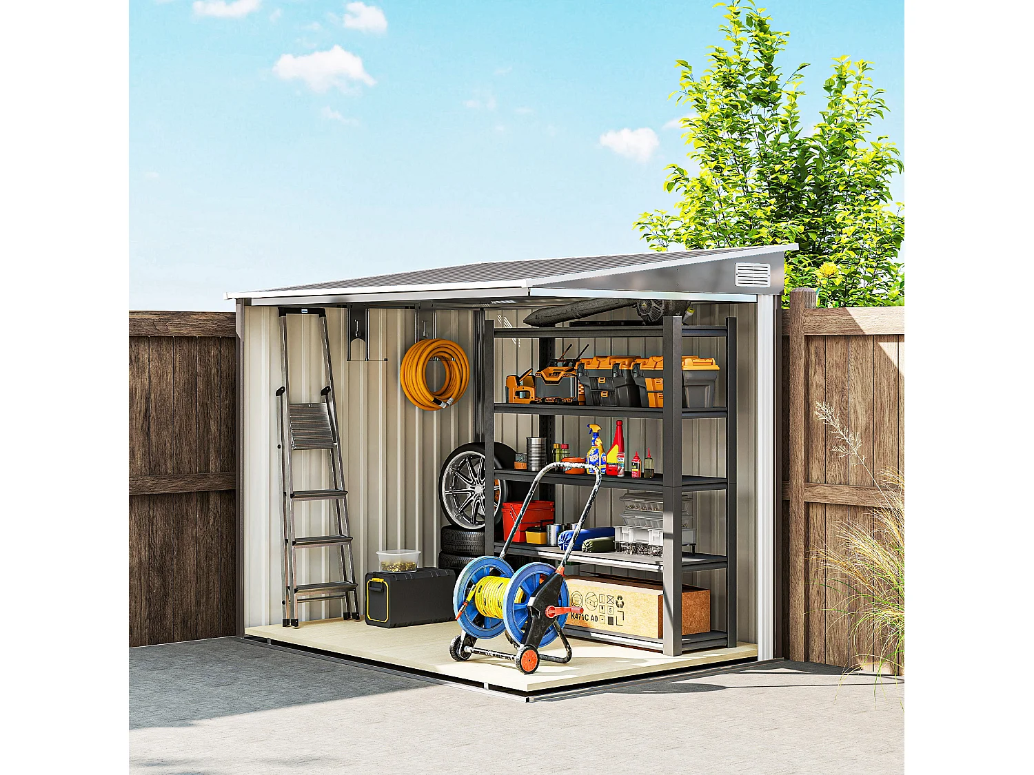 Casetta porta attrezzi in metallo con porta scorrevole grigio chiaro