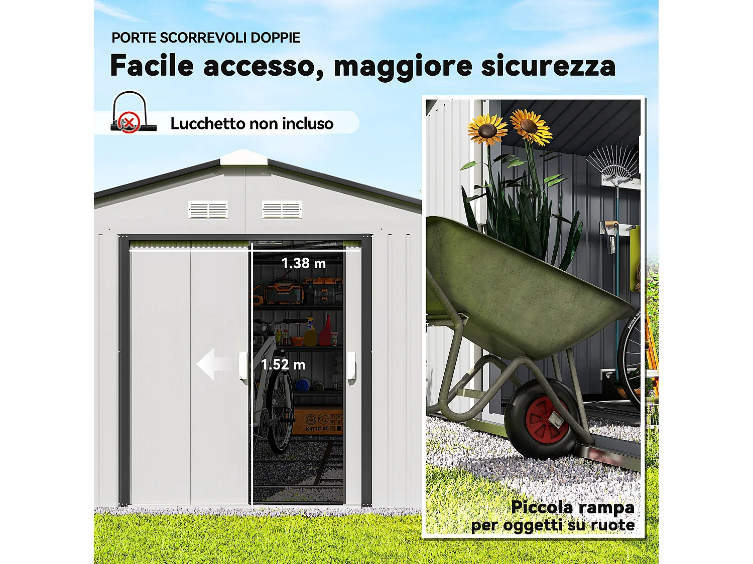 Casetta da giardino grande con doppia porta scorrevole argento