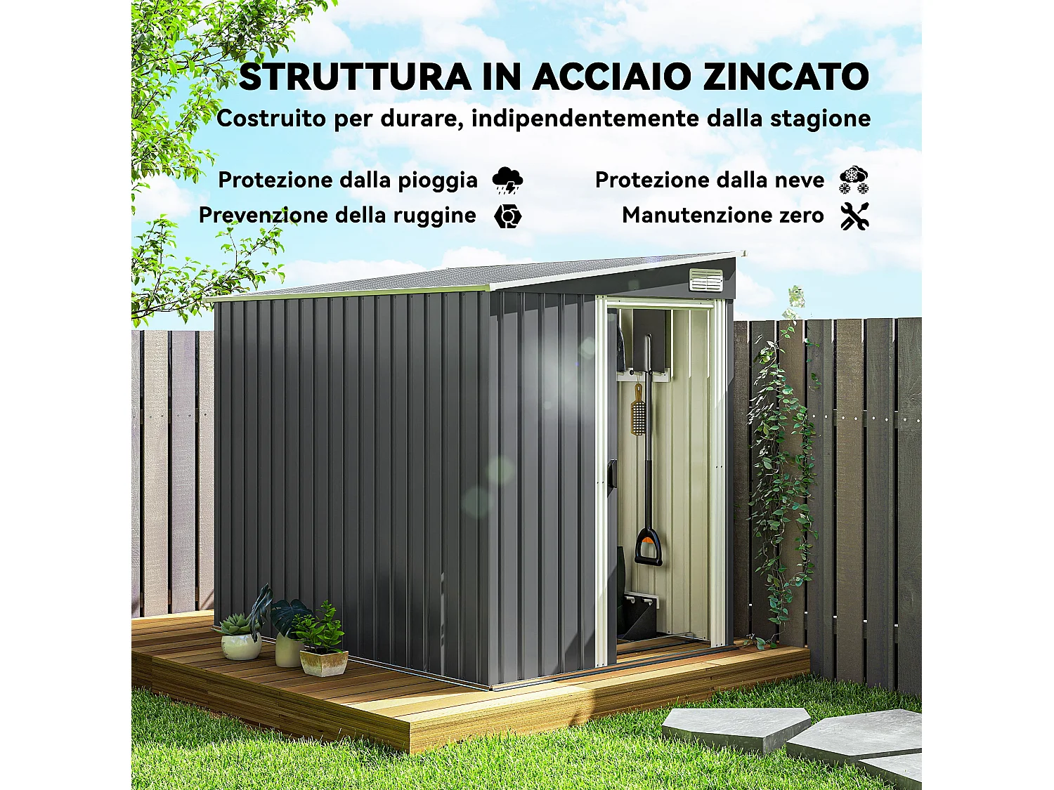 Casetta porta attrezzi in metallo con porta scorrevole grigio scuro