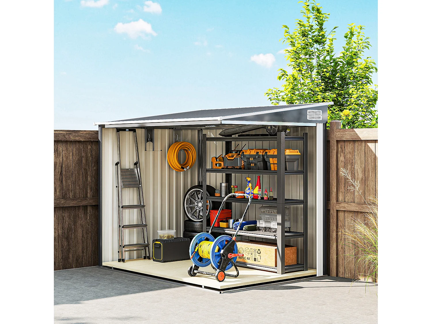 Casetta porta attrezzi in metallo con porta scorrevole grigio scuro