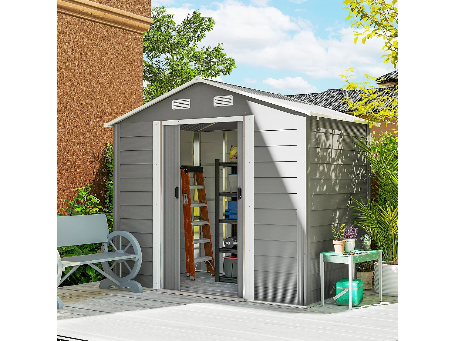 Casetta da giardino in acciaio grigio chiaro con 4 prese d'aria