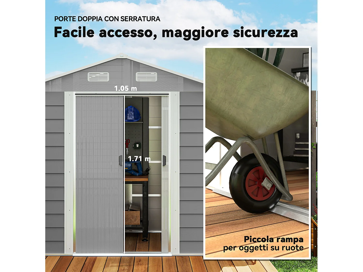 Casetta da giardino in acciaio grigio chiaro con 4 prese d'aria