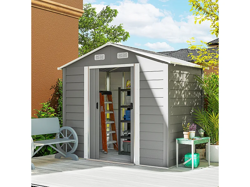 Casetta da giardino in acciaio grigio chiaro con 4 prese d'aria