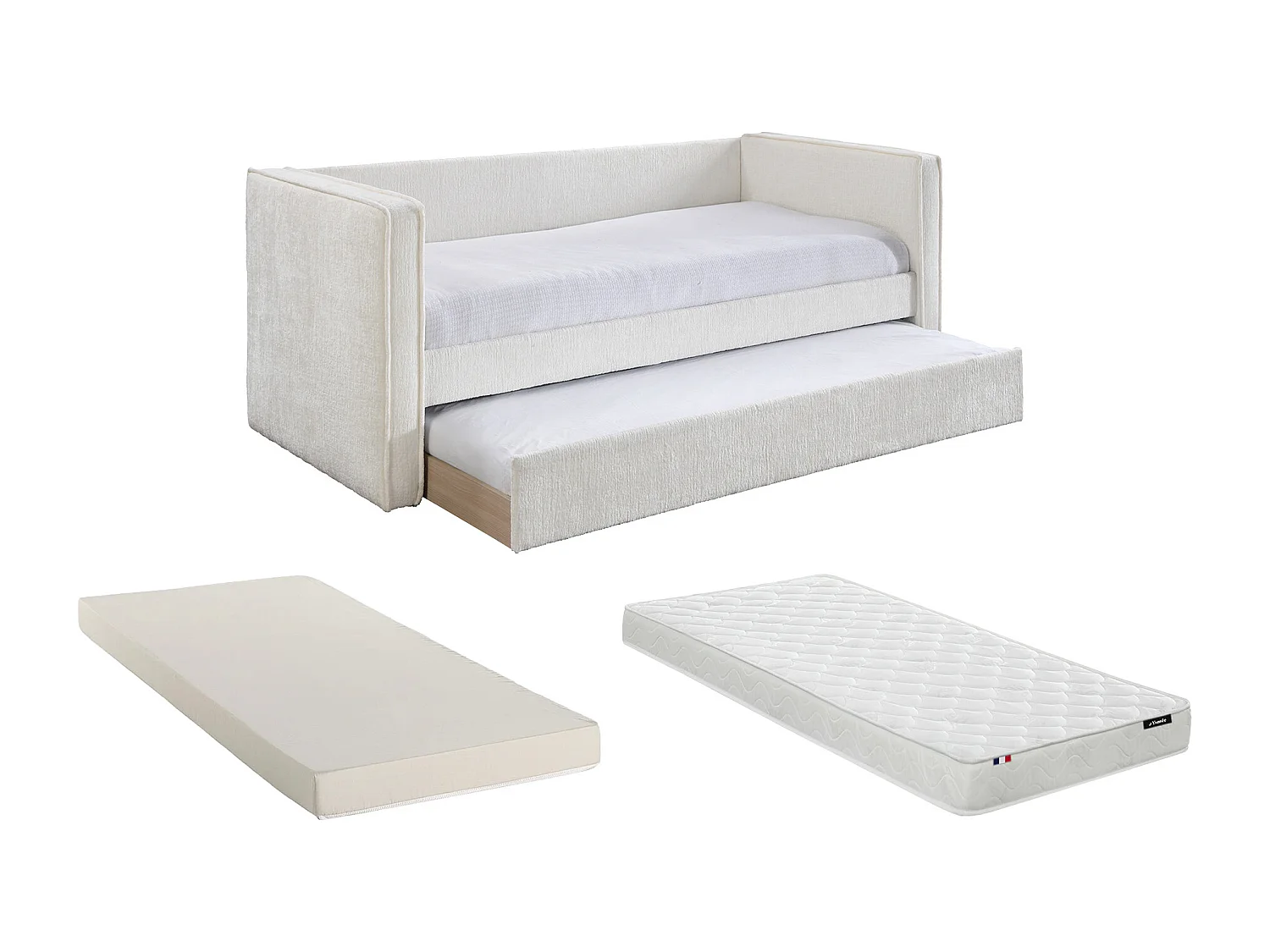 Lit banquette avec tiroir gigogne 2 x 90 x 190 cm – Tissu texturé – Blanc + Matelas – SULAZO