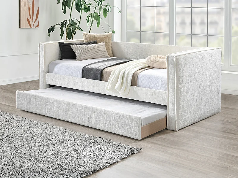 Lit banquette avec tiroir gigogne 2 x 90 x 190 cm – Tissu texturé – Blanc + Matelas – SULAZO