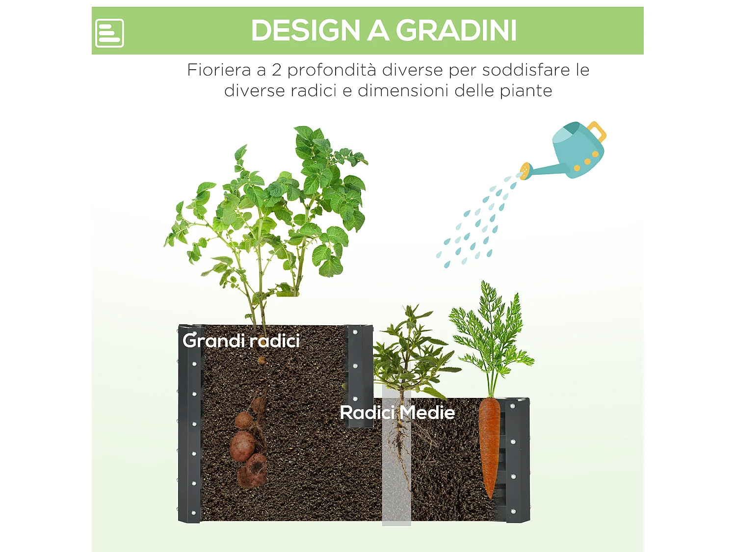 Letto per orto rialzato 2 livelli in acciaio con fondo aperto