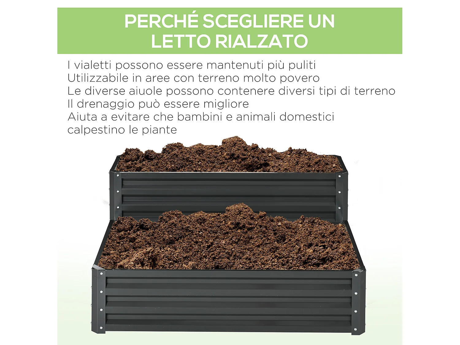 Letto per orto rialzato 2 livelli in acciaio con fondo aperto