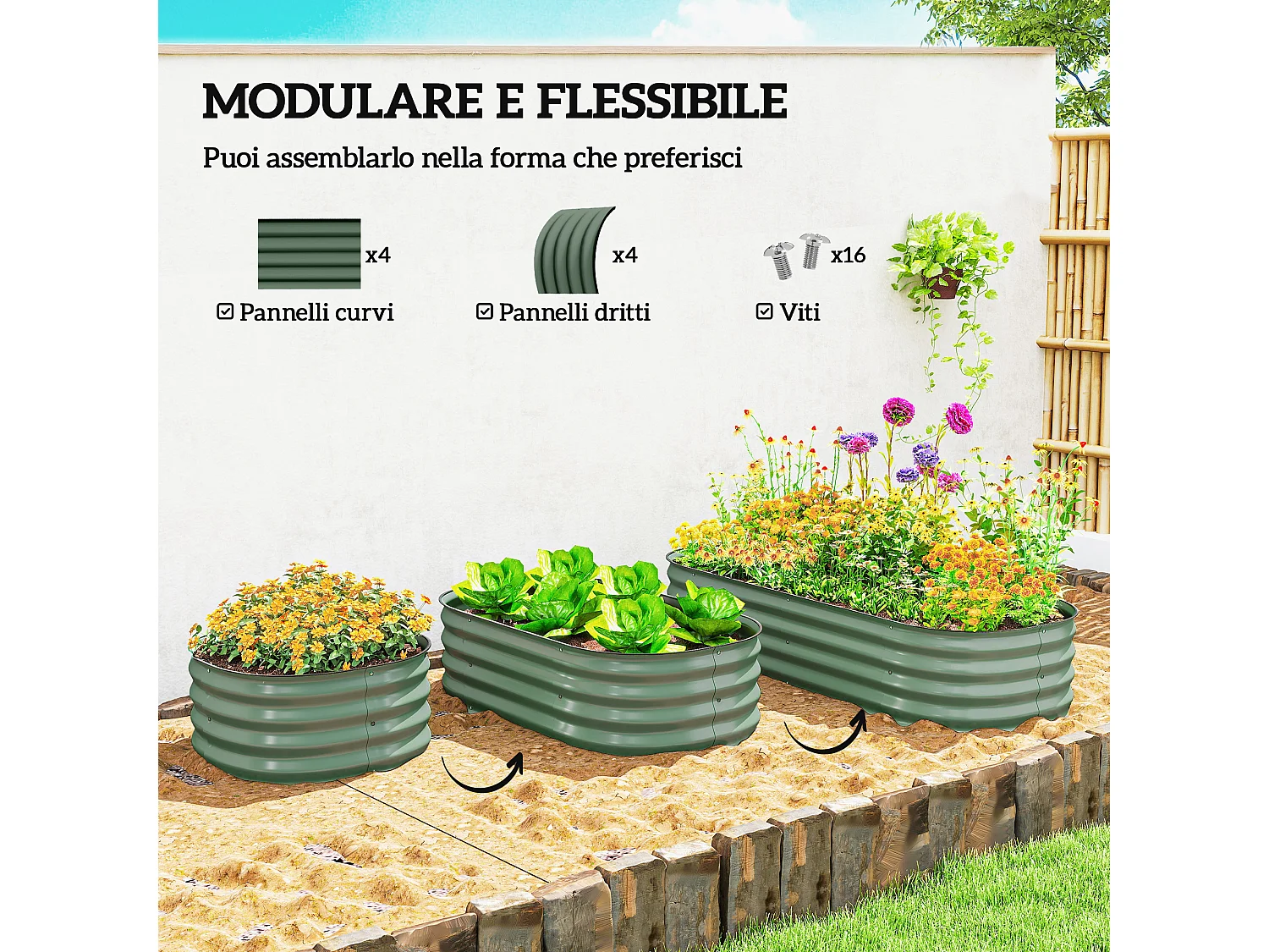 Letto per orto rialzato modulare in acciaio galvanizzato verde