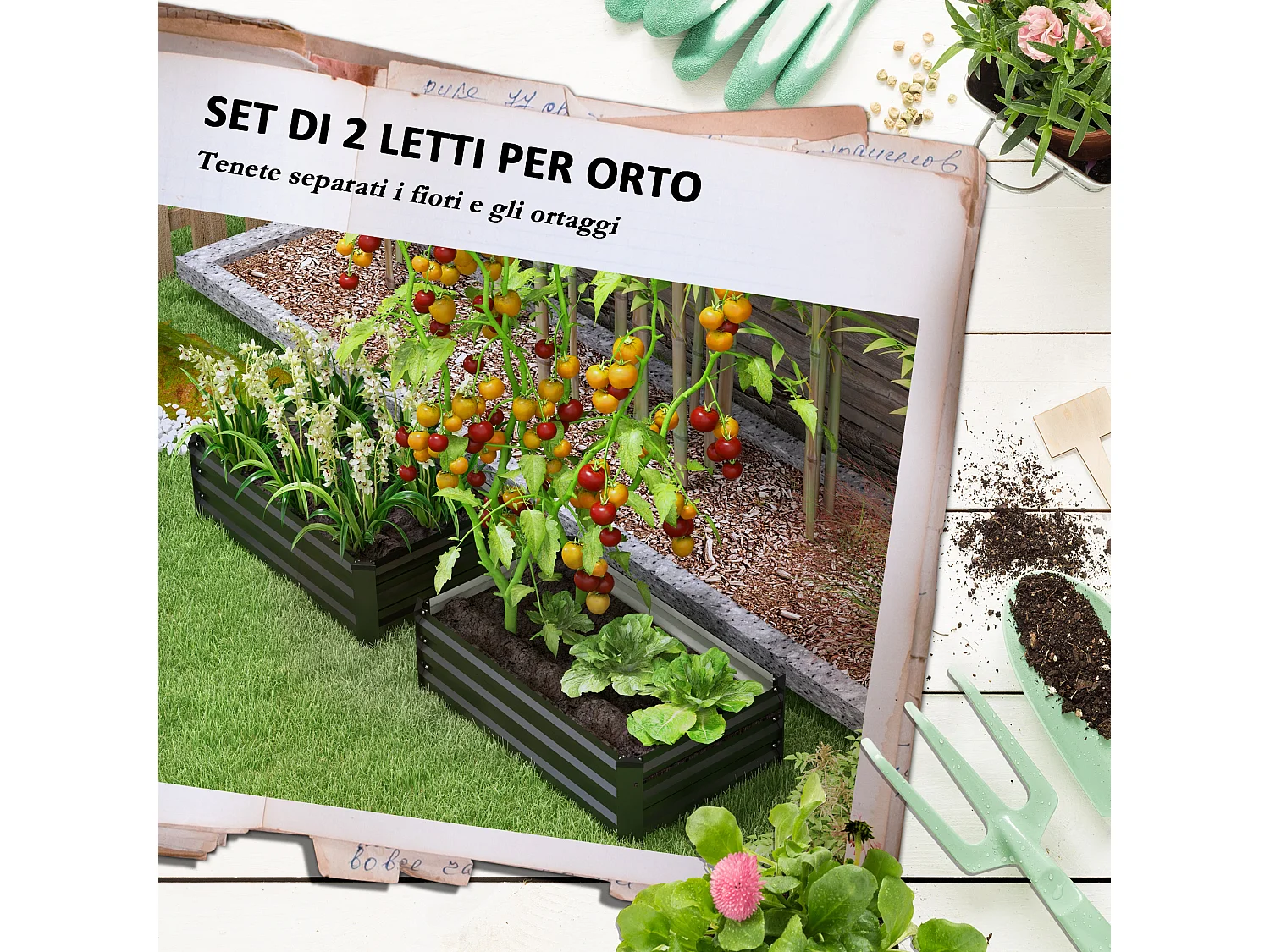 Set 2 letti per orto con fondo aperto 100x60x30cm in acciaio grigio