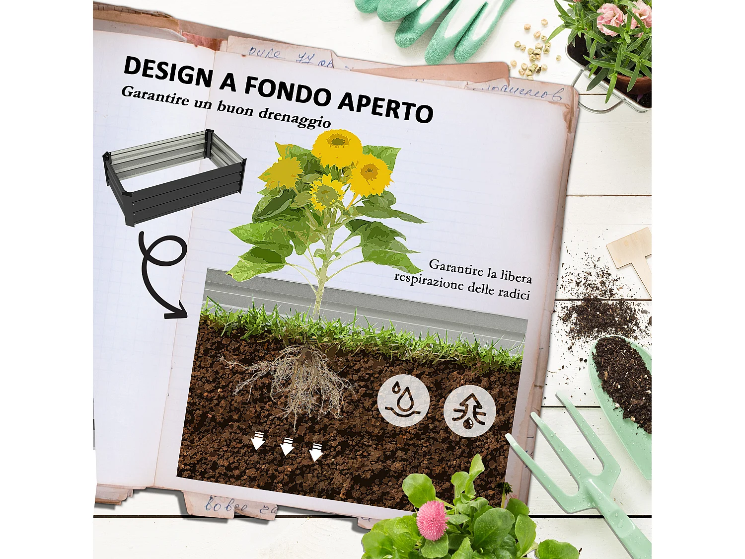 Set 2 letti per orto con fondo aperto 100x60x30cm in acciaio grigio