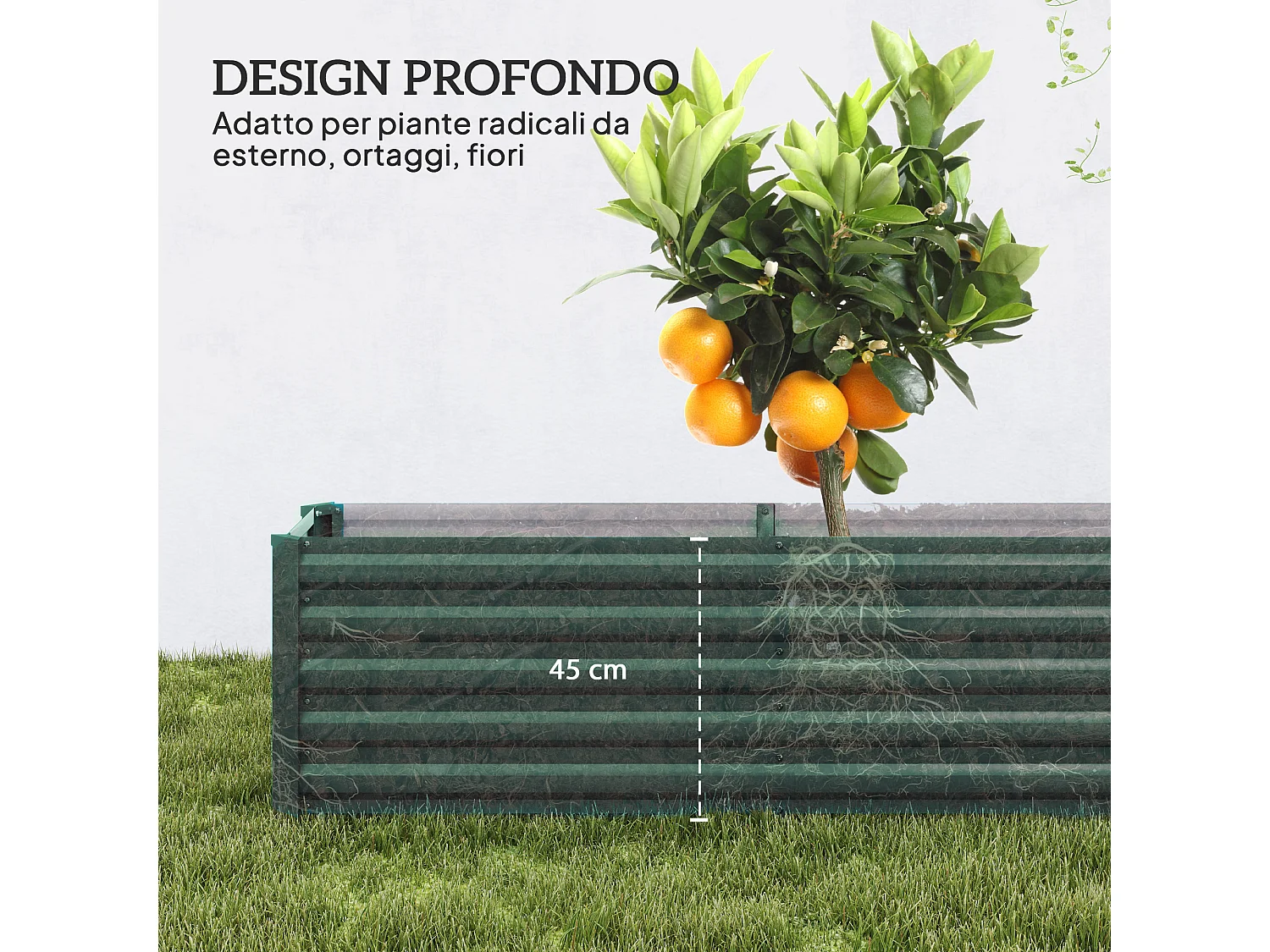 Letto per orto a fondo aperto con bordi arrotondati in acciaio verde