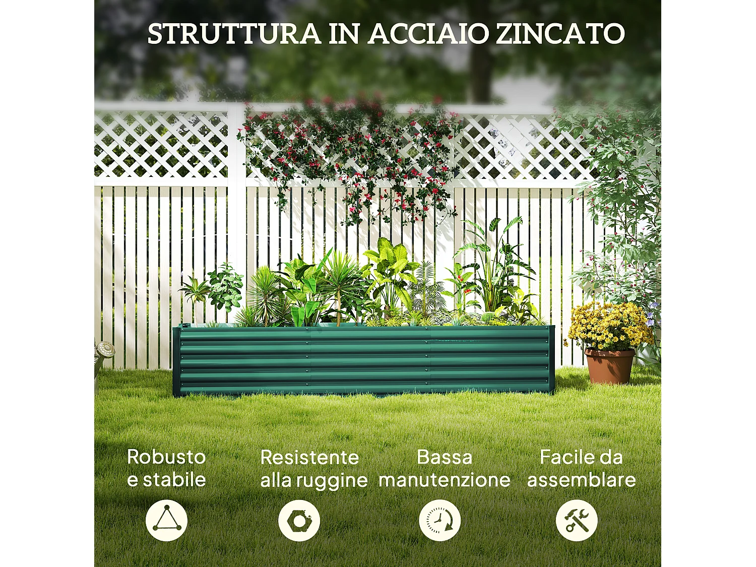 Letto per orto a fondo aperto con bordi arrotondati in acciaio verde