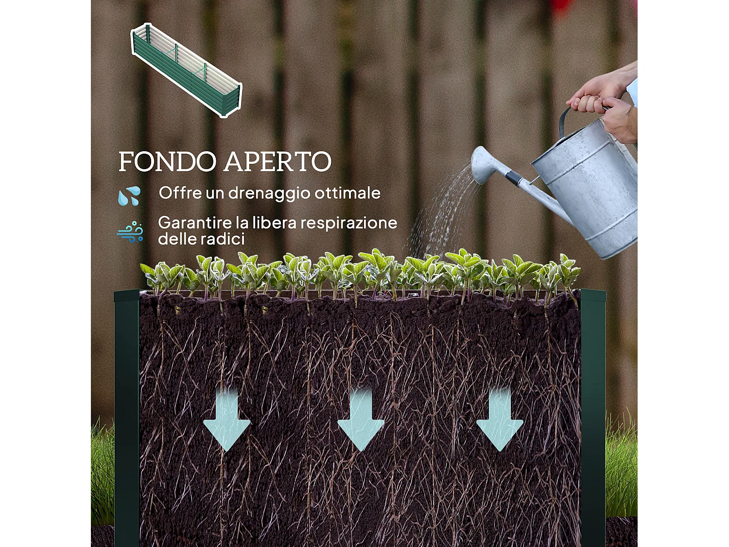 Letto per orto a fondo aperto con bordi arrotondati in acciaio verde