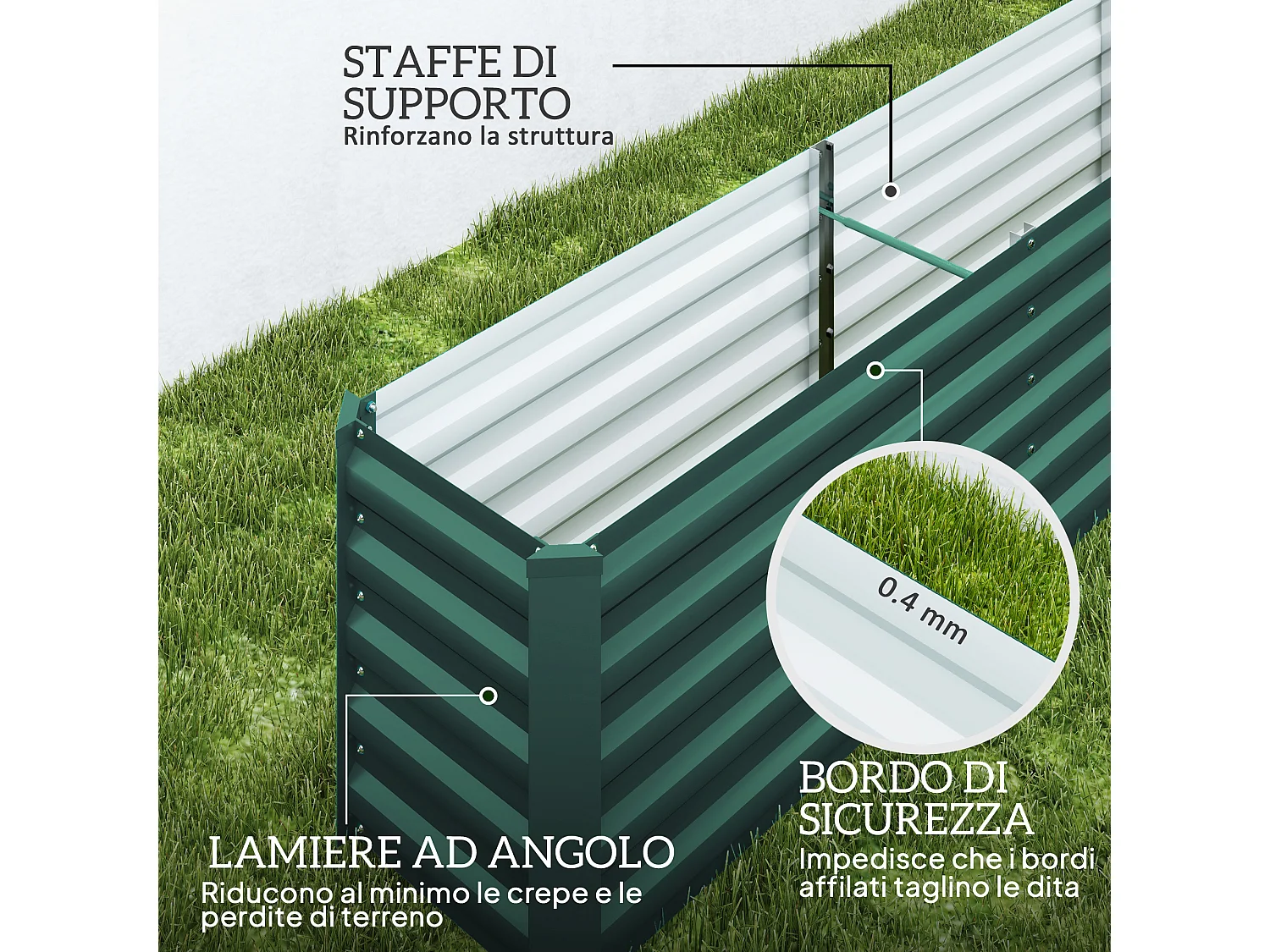 Letto per orto a fondo aperto con bordi arrotondati in acciaio verde