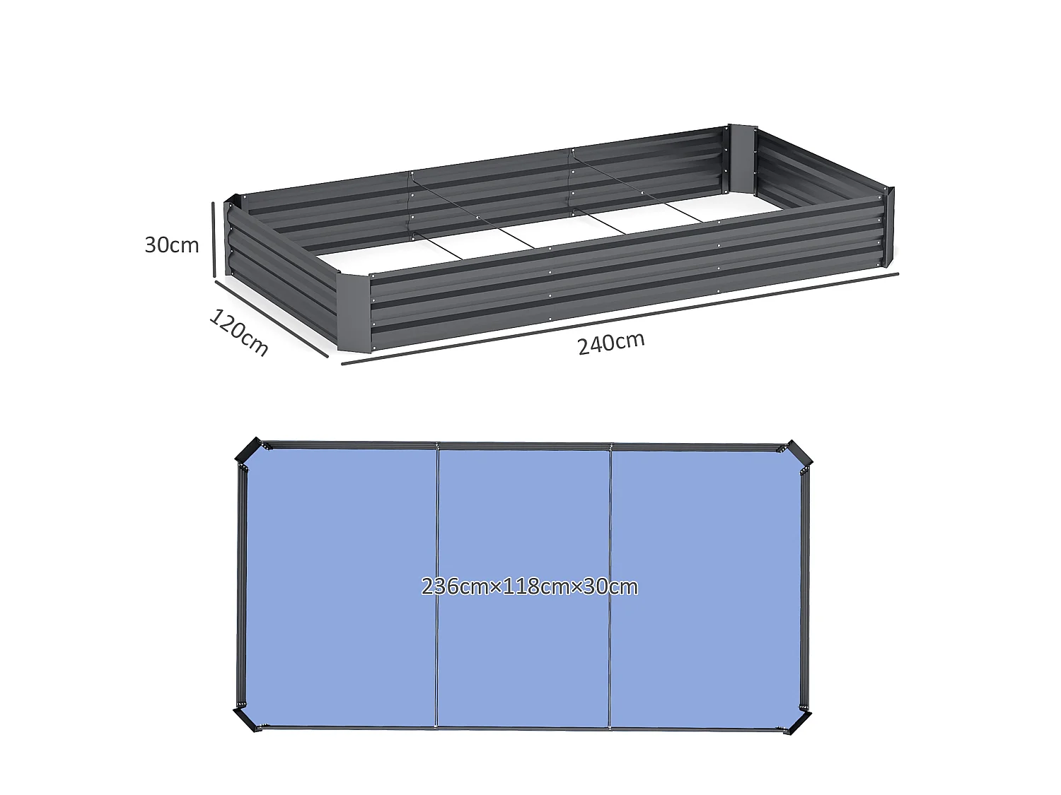 Letto per orto rialzato 835 litri con fondo aperto in acciaio grigio