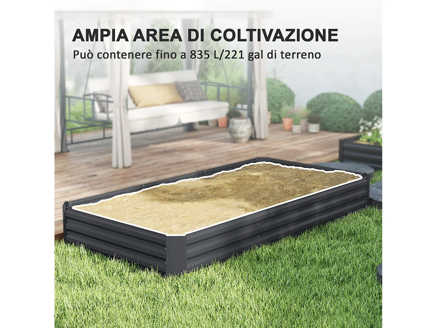 Letto per orto rialzato 835 litri con fondo aperto in acciaio grigio