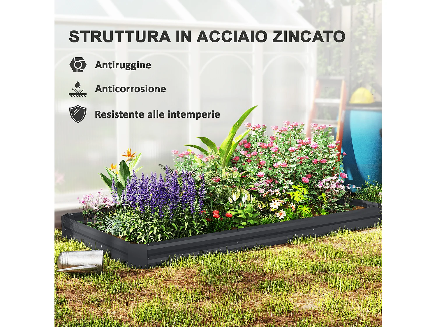 Letto per orto rialzato 835 litri con fondo aperto in acciaio grigio