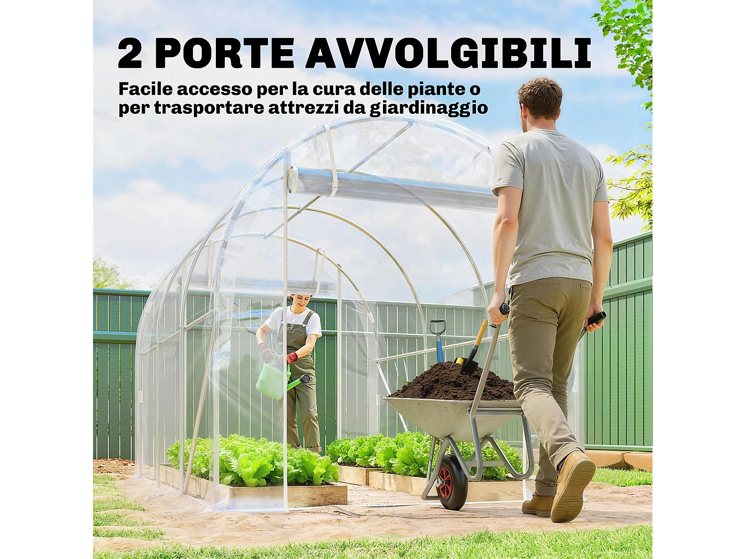 Serra a tunnel 2x3x2 m con porte avvolgibili acciaio e pe trasparente