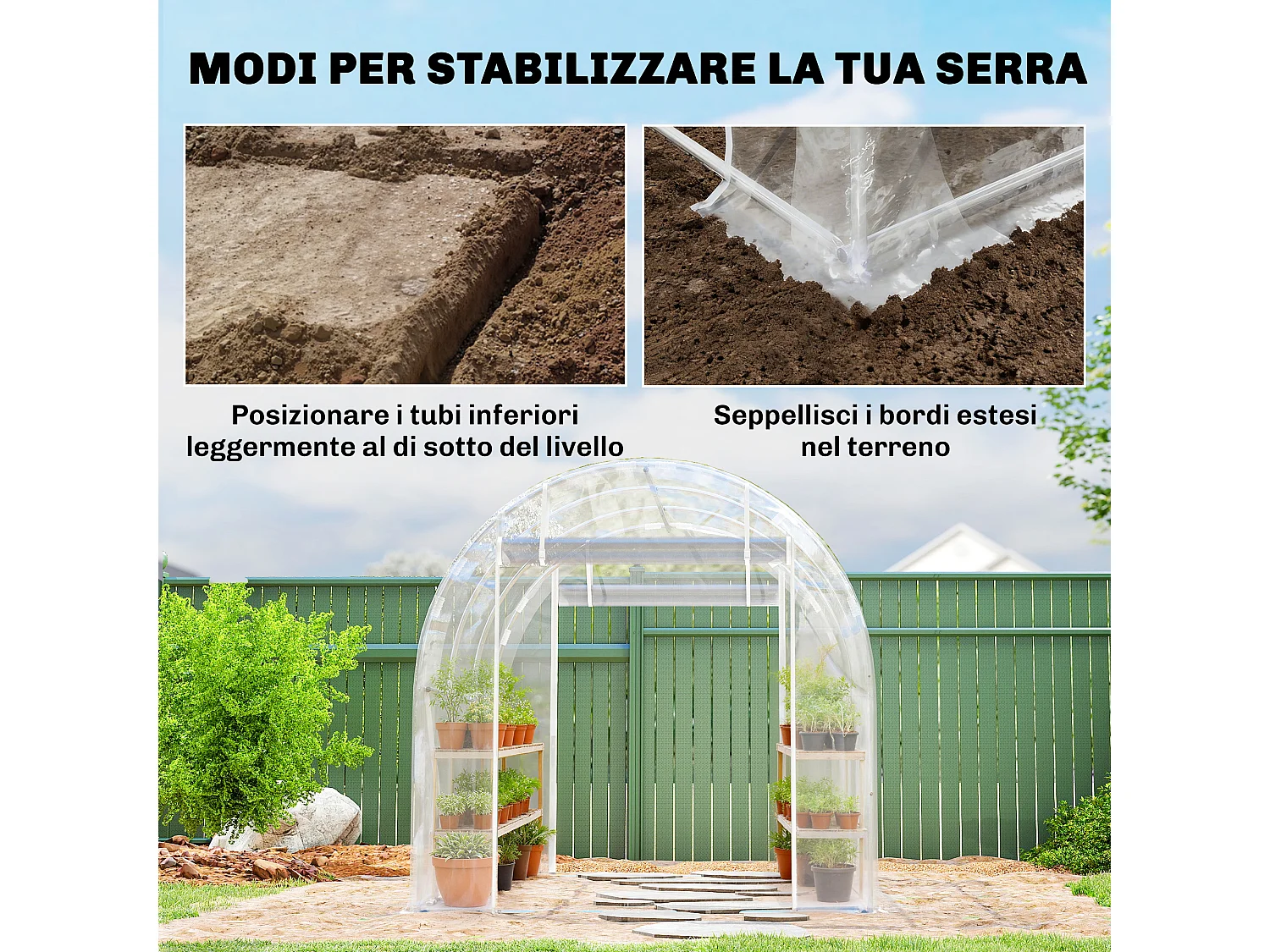 Serra a tunnel 2x3x2 m con porte avvolgibili acciaio e pe trasparente
