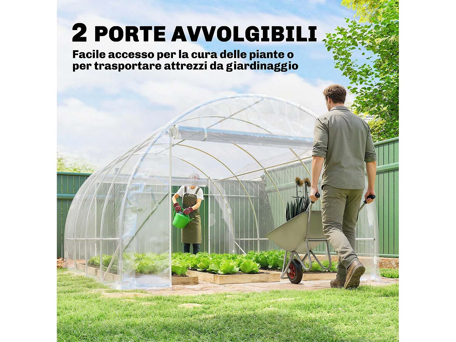 Serra a tunnel 3x4x2 m con porte avvolgibili acciaio e pe trasparente