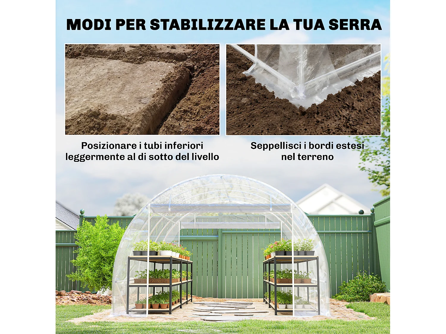 Serra a tunnel 3x4x2 m con porte avvolgibili acciaio e pe trasparente