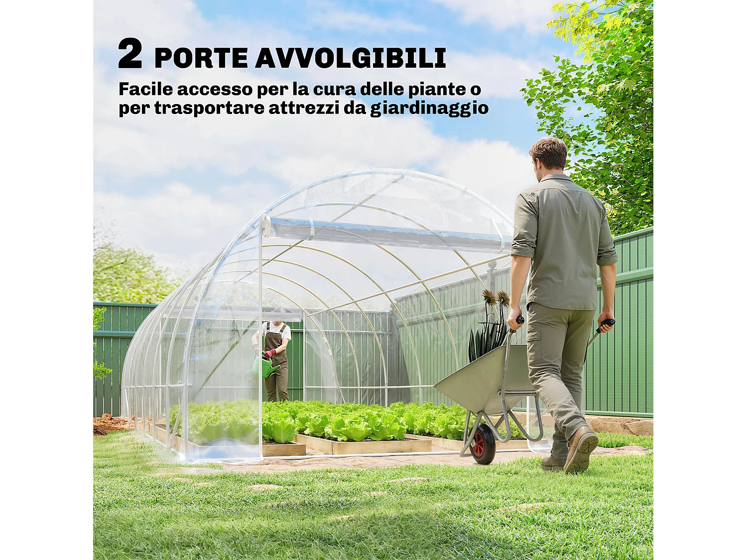 Serra a tunnel 3x6x2 m con porte avvolgibili acciaio e pe trasparente