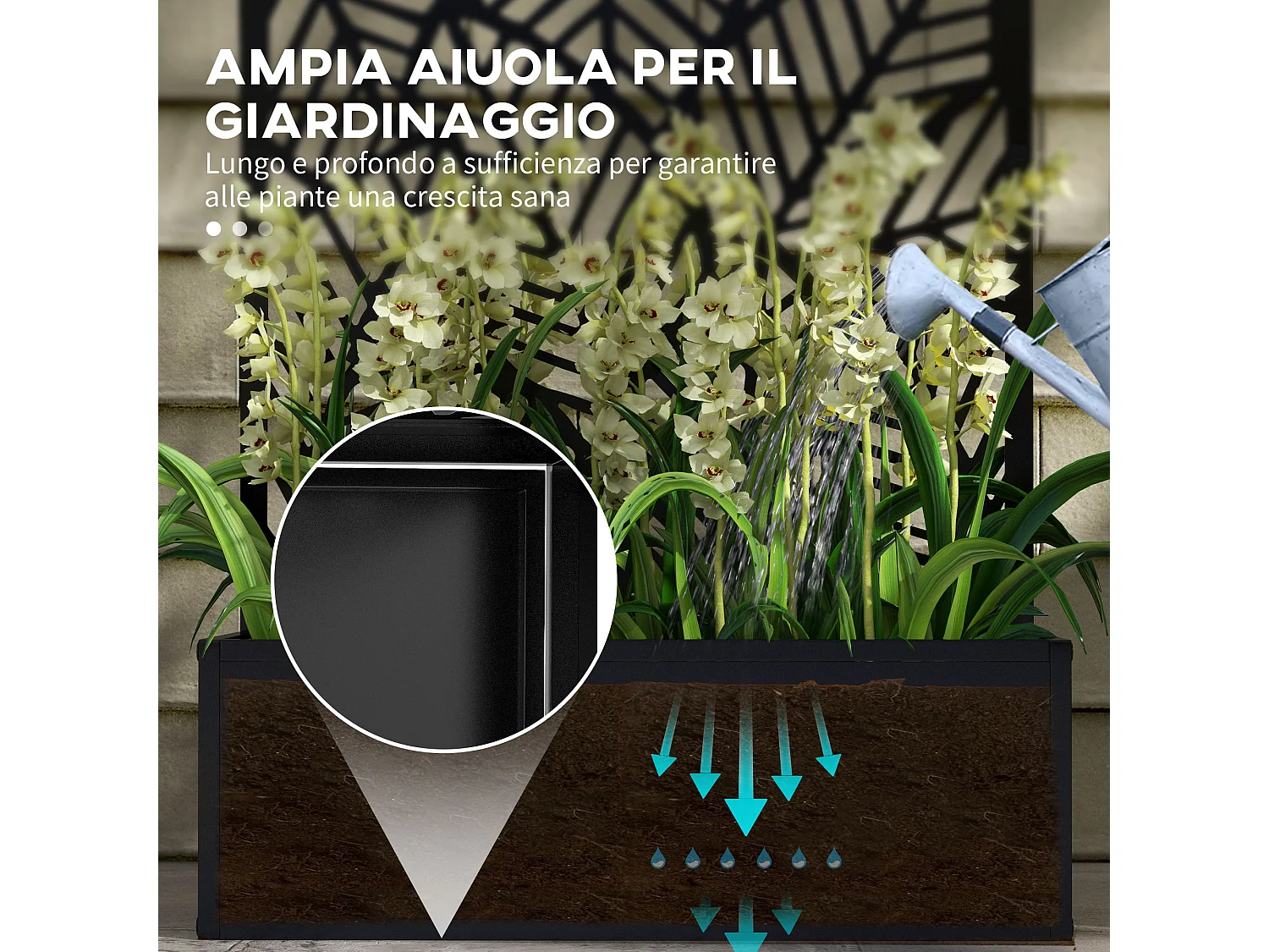 Fioriera rialzata con spalliera decorativa in metallo nero